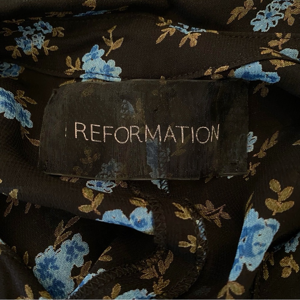Reformation black blue floral print collared 1/2 button short sleeve mini dress - Picture 11 of 13